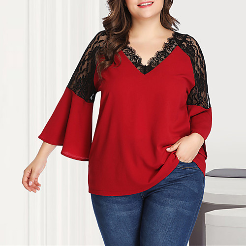 

Women's Daily Going out Elegant / Sexy Blouse - Solid Colored Lace Red
