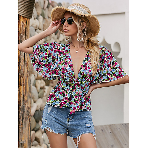 

Women's Floral Pleated Blouse Sexy Beach Holiday Going out Purple