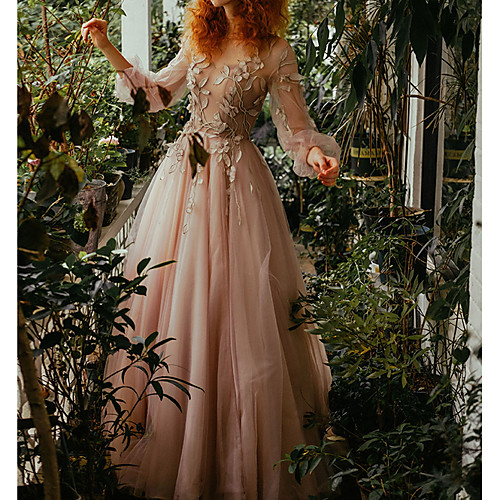 

A-Line Jewel Neck Floor Length Tulle Floral / Pink Wedding Guest / Prom Dress with Pleats / Appliques 2020