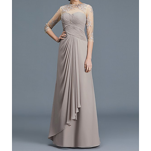 

A-Line Illusion Neck Floor Length Chiffon / Lace 3/4 Length Sleeve Elegant Mother of the Bride Dress with Lace / Appliques / Ruching Mother's Day 2020