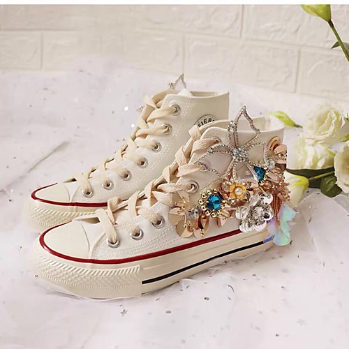 

Women's Boots Spring & Fall / Spring & Summer Flat Heel Round Toe Casual Vintage Daily Party & Evening Bowknot / Sparkling Glitter / Tassel Solid Colored Canvas Mid-Calf Boots White