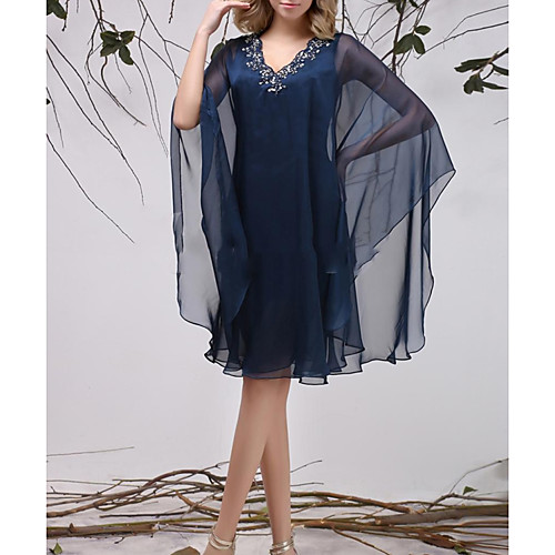 

Sheath / Column V Neck Knee Length Chiffon Long Sleeve Elegant / See Through Mother of the Bride Dress with Beading Mother's Day 2020