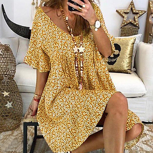 

Women's Flare Sleeve Wine Yellow Dress Casual Summer Daily Sundress Polka Dot Flare Cuff Sleeve S M