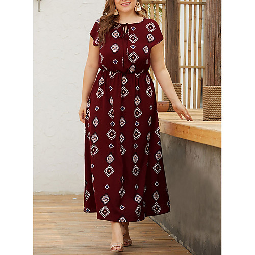 

Women's Maxi A Line Dress - Short Sleeves Geometric Summer Elegant 2020 Wine Black Navy Blue XL XXL XXXL XXXXL