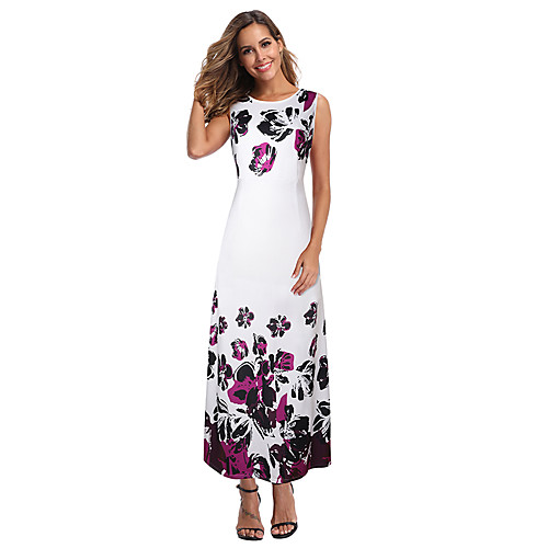 

Women's Maxi A Line Dress - Sleeveless Print Summer Fall Elegant 2020 White Black S M L XL XXL