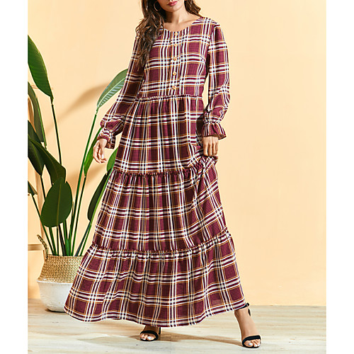 

Women's 2020 Red Summer Fall Dress Elegant Boho Daily Going out A Line Plaid Flare Cuff Sleeve Patchwork Button M L