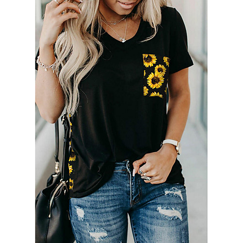 

Women's Daily T-shirt - Floral / Leopard Patchwork / Print V Neck Yellow