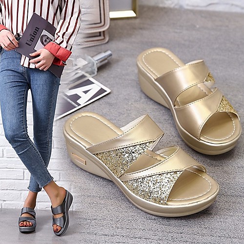 

Women's Sandals / Slippers & Flip-Flops Summer Wedge Heel Open Toe Daily PU Gold / Gray