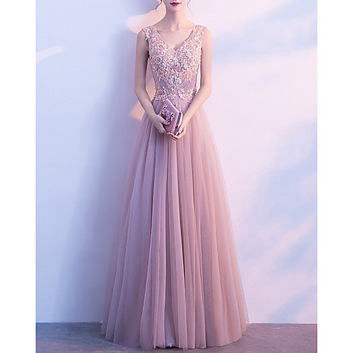 

A-Line V Neck Floor Length Tulle Luxurious / Pink Wedding Guest / Formal Evening Dress with Appliques 2020