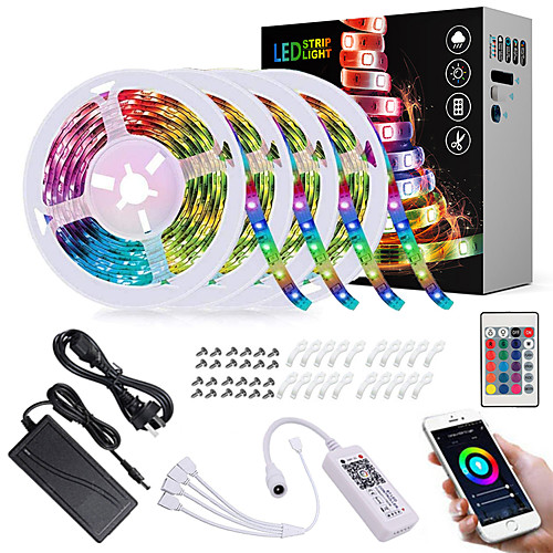 

ZDM 20M(45M) App Intelligent Control Bluetooth Music Sync Waterproof Flexible Tiktok LED Strip Lights 5050 RGB SMD 600 LEDs IR 24 Key Bluetooth Controller with Installation Package 12V 6A Adapter Kit