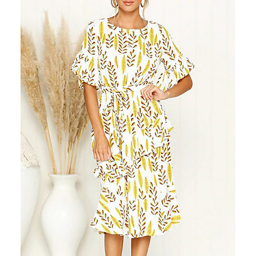 

Women's Sheath Dress - Short Sleeves Print Yellow S M L XL