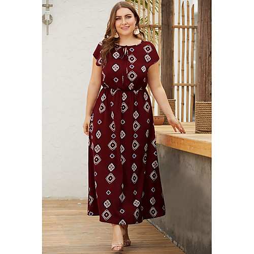 

Women's A Line Dress - Short Sleeves Geometric Summer Elegant 2020 Wine Black Navy Blue XL XXL XXXL