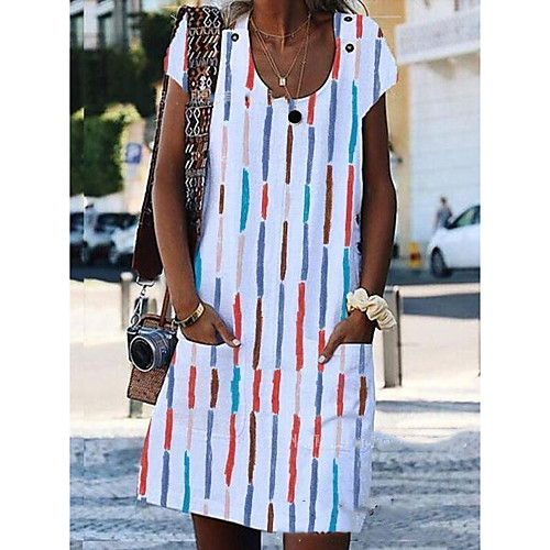 

Women's Knee Length Dress Shift Dress - Short Sleeves Striped Summer Casual Mumu 2020 White Blue Rainbow S M L XL XXL XXXL XXXXL XXXXXL