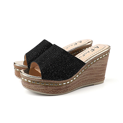 

Women's Slippers & Flip-Flops Summer Wedge Heel Open Toe Casual Daily Outdoor PU Black / Gold / Silver
