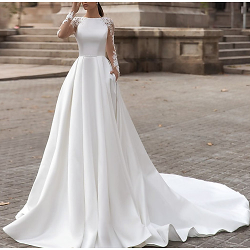 

A-Line Jewel Neck Court Train Lace / Satin Long Sleeve Sexy See-Through Wedding Dresses with Embroidery 2020