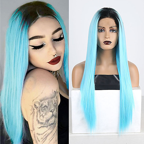 

Synthetic Lace Front Wig Silky Straight Middle Part Lace Front Wig Long Ombre Blue Synthetic Hair 18-26 inch Women's Adjustable Heat Resistant Synthetic Blue Ombre