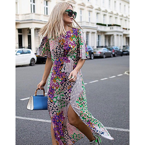 

Women's Maxi Shirt Dress - Sleeveless Print Summer V Neck Elegant Slim 2020 Purple S M L XL