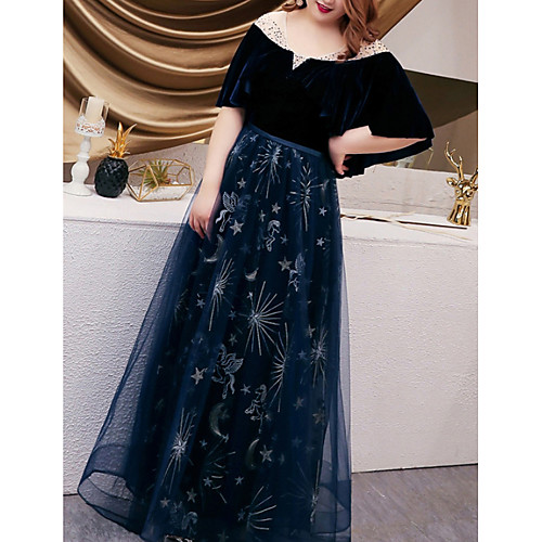 

A-Line Illusion Neck Floor Length Tulle Plus Size / Blue Wedding Guest / Prom Dress with Embroidery 2020