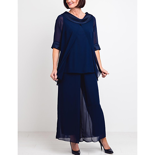 

Sheath / Column Cowl Neck Ankle Length Chiffon Half Sleeve Elegant Mother of the Bride Dress with Pleats Mother's Day 2020