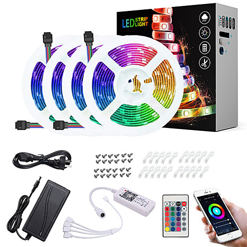 

ZDM 20M(45M) App Intelligent Control Bluetooth Music Sync Waterproof Flexible Led Strip Lights 5050 RGB SMD 600 LEDs IR 24 Key Bluetooth Controller with Installation Package 12V 6A Adapter Kit