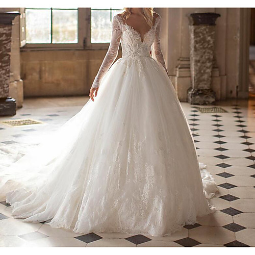 

Ball Gown Jewel Neck Court Train Lace / Tulle Long Sleeve Formal See-Through Wedding Dresses with Embroidery 2020