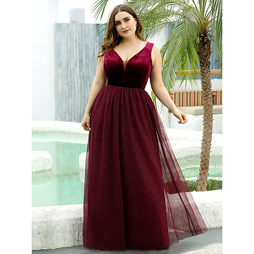 

A-Line Plunging Neck Floor Length Tulle / Velvet Sleeveless Plus Size Mother of the Bride Dress with Pleats Mother's Day 2020