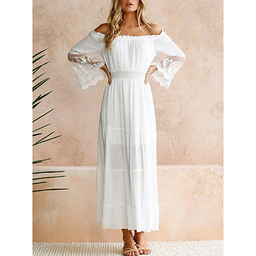 

Women's Maxi Sheath Dress - Long Sleeve Solid Color Summer Off Shoulder Elegant 2020 White S M L XL