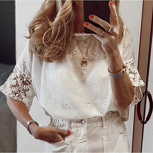 

Women's Daily T-shirt - Solid Colored Lace Trims White