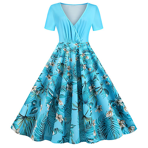

Women's Swing Dress Midi Dress - Short Sleeves Floral Summer Fall Chinoiserie 2020 Light Blue L XL XXL XXXL