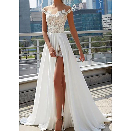 

A-Line Off Shoulder Sweep / Brush Train Lace / Tulle Cap Sleeve Beach / Sexy See-Through Wedding Dresses with Split Front 2020
