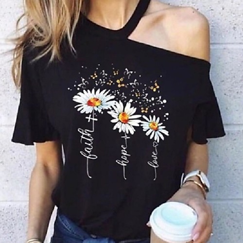 

Women's Daily Sexy T-shirt - Floral Daisy, Print / Off Shoulder Purple