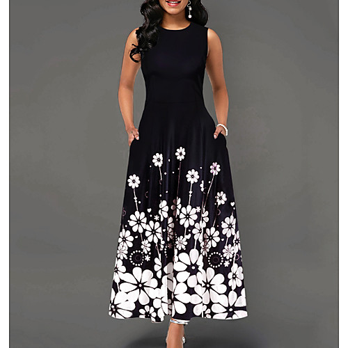 

Women's Black A Line Dress - Sleeveless Floral Summer Street chic 2020 Black Purple Navy Blue S M L