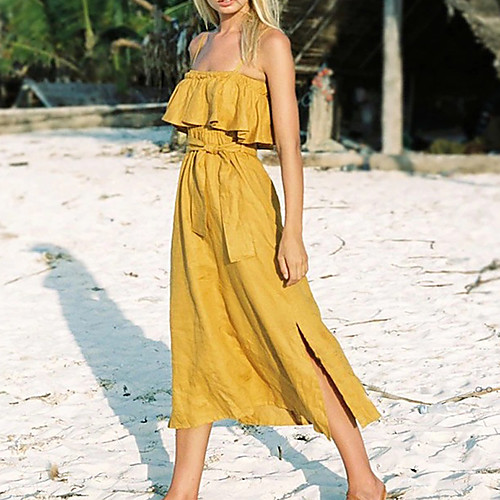 

Women's 2020 Gold Summer Fall Dress Elegant Street chic Holiday Beach A Line Solid Color S M