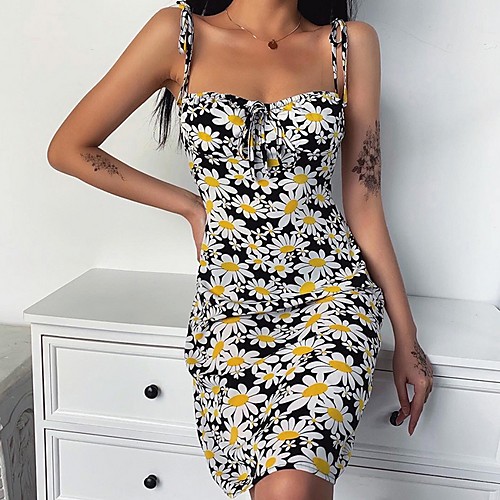 

Women's Short Mini Dress Sheath Dress - Sleeveless Floral Summer Sexy 2020 Black S M L