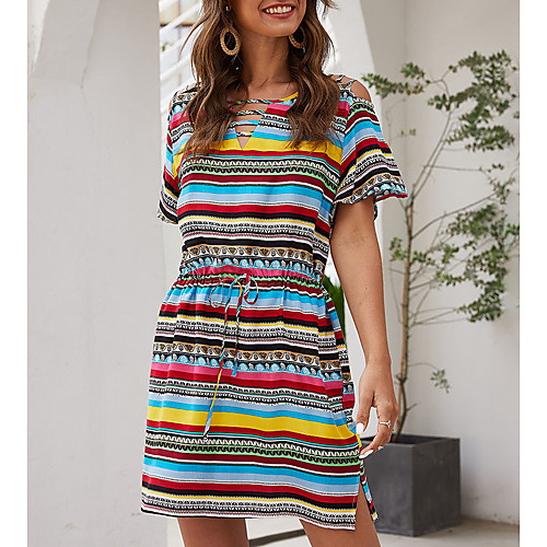 

Women's Fine Stripe Rainbow Dress Casual Spring Shift Striped S M