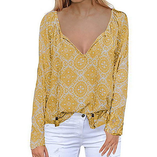 

Women's Daily T-shirt - Geometric Print V Neck Wine