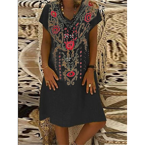 

Women's A Line Dress - Short Sleeves Floral Patchwork Summer V Neck Casual Vintage Daily Belt Not Included Oversized 2020 Black Yellow Fuchsia Orange Green S M L XL XXL XXXL