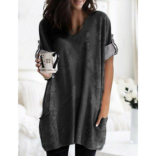 

Women's Daily Basic Plus Size Cotton Loose Tunic - Geometric V Neck Black