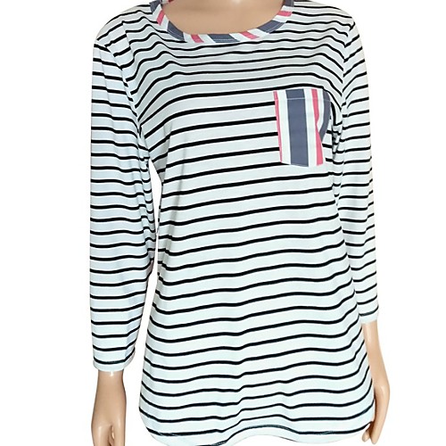 

Women's Striped Blouse - Patchwork Round Neck Basic Daily Spring Fall Blue S M L XL
