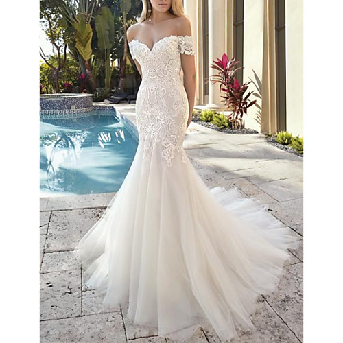 

Mermaid / Trumpet Wedding Dresses Off Shoulder Court Train Lace Tulle Short Sleeve Formal Sexy with Embroidery 2020