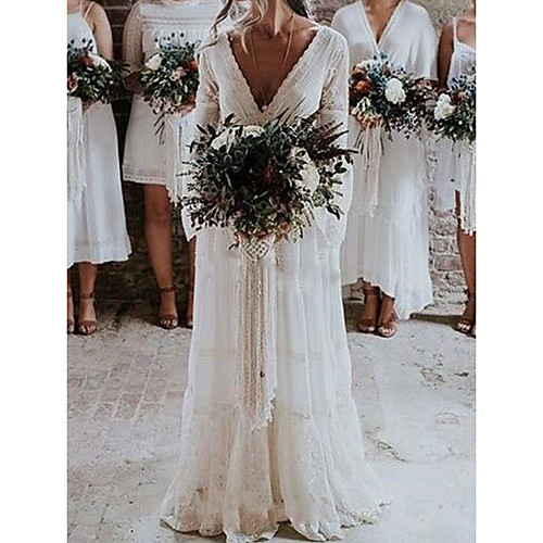 

A-Line V Neck Floor Length Lace Long Sleeve Country / Sexy See-Through Wedding Dresses with Lace 2020