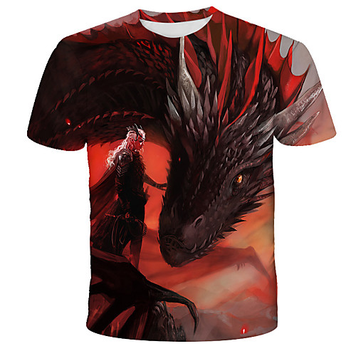 

Men's Daily Holiday Street chic / Exaggerated T-shirt - 3D / Tie Dye / Cartoon Dragon, Print Rainbow