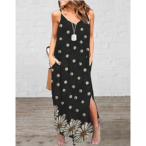 

Women's Maxi Shift Dress - Sleeveless Floral Geometric Summer Strap Elegant Daily 2020 Black M L XL XXL XXXL