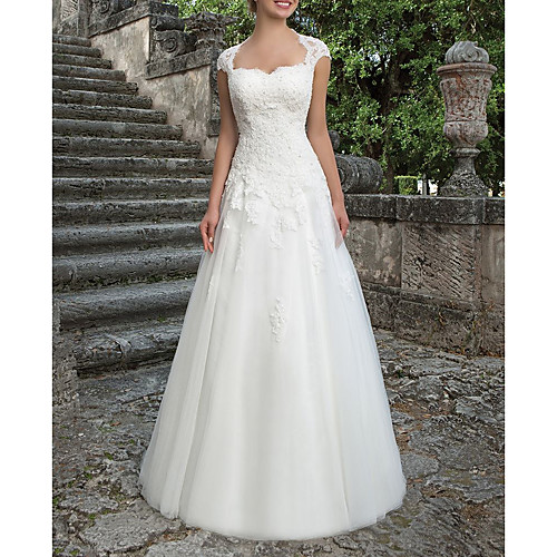 

A-Line Bateau Neck Sweep / Brush Train Lace / Tulle Short Sleeve Country Plus Size Wedding Dresses with Draping / Appliques 2020