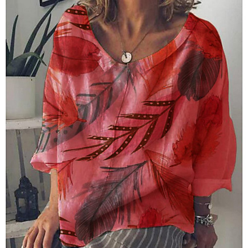 

Women's Scenery Tropical Leaf Blouse - Print Round Neck Boho Beach Spring Summer White Blue Red Yellow Green S M L XL 2XL