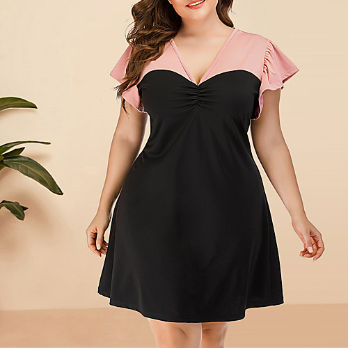 

Women's Plus Size Bodycon Dress - Short Sleeves Color Block Solid Color Ruched Patchwork Summer V Neck Elegant Street chic Party Going out Belt Not Included Loose 2020 Blushing Pink L XL XXL XXXL