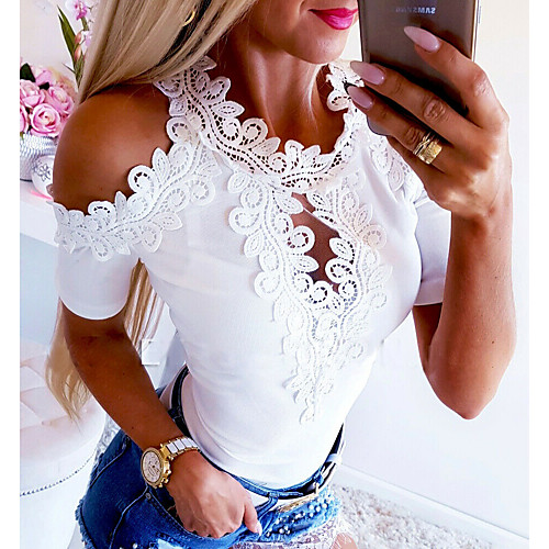 

Women's Casual Basic T-shirt - Solid Colored Lace White