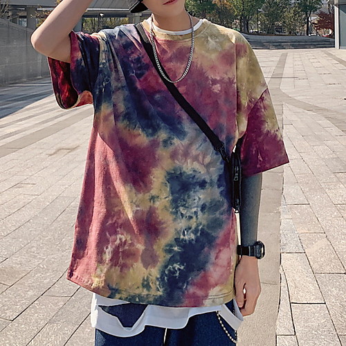 

Men's Plus Size Tie Dye T-shirt - Cotton Daily Going out Round Neck Black / Red / Light Blue