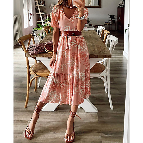 

Women's A-Line Dress Midi Dress - Short Sleeves Print Summer Casual Mumu 2020 Blushing Pink S M L XL