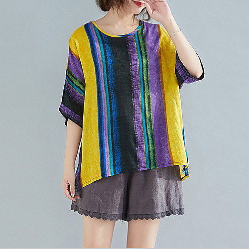 

Women's Striped Rainbow Print T-shirt Daily Rainbow